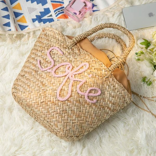 Personalized Handmade Bohemian Straw Drawstring Bucket Bag with Name Travel Beach Wedding Party Gift for Women
