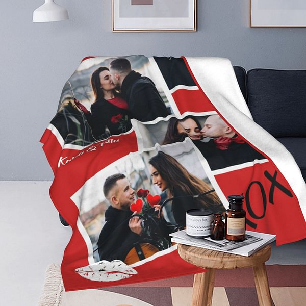 Personalized XOXO Lip Print Photo Collage Sherpa Fleece Blanket with Couple Names Valentine's Day Anniversary Gift for Couple