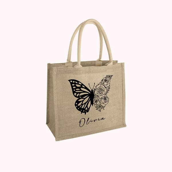 Personalized Birth Flower Butterfly Burlap Tote Bag