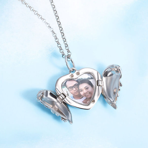 Angel Wing Heart Photo Locket Necklace Sterling Silver