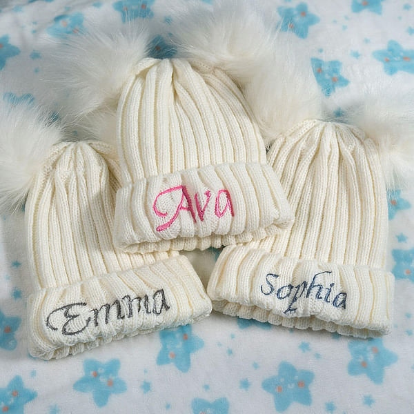 Personalized Double Pom Pom Baby Knitted Winter Hat with Embroidery Name Baby Shower Christmas Day Birthday Gift for Kid Newborn