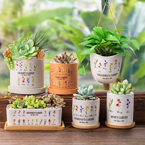 Personalized Mom's Garden Birth Month Flower Ceramics Pot with Names Mother's Day Gift for Mother Grandma