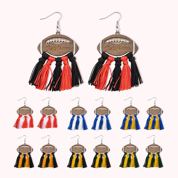 Personalized A Pair of Bohemian Style Wood Football Earrings with Team Color Tassel and Engraved Text Gift for Football Fans Friend or Family