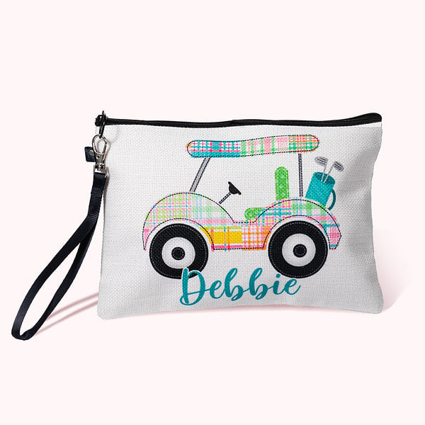 Personalized Colorful Golf Cart Linen Cosmetic Makeup Bag with Name and Wrist Strap Birthday Team Gift for Golf Player Lover