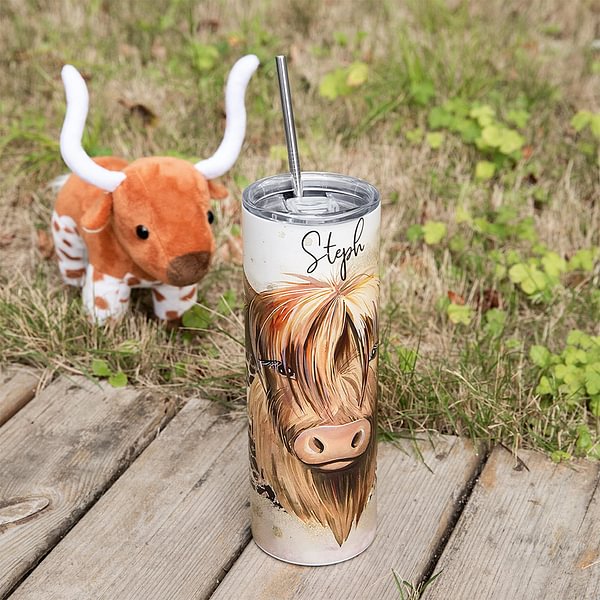 Personalized Highland Cow Tumbler with Straw 20oz Cow Gift for Women