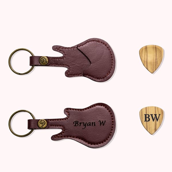 Personalized Engraved Wooden Guitar Pick Leather Guitar Shaped Case Keychain with Text Birthday Christmas Gift for Guitar Player Musician