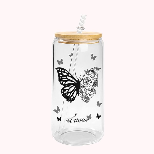 Personalized Half Butterfly Half Birth Flower Can Tumbler Glass with Bamboo Lids 20oz