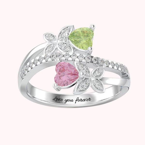 Engraved Butterfly Ring with Double Birthstones & Accents