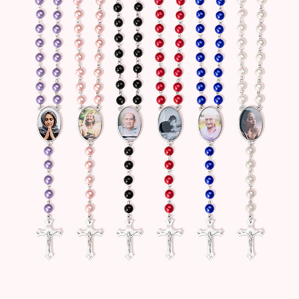 Personalized Multi-Color Rosary Beads Cross Necklace with Photo Memorial Gift for Women