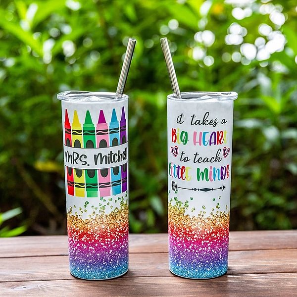 Personalized Pencil Print 20oz Skinny Tumbler with Straw Teacher Appreciation Thank You Gift for Teacher Tutor