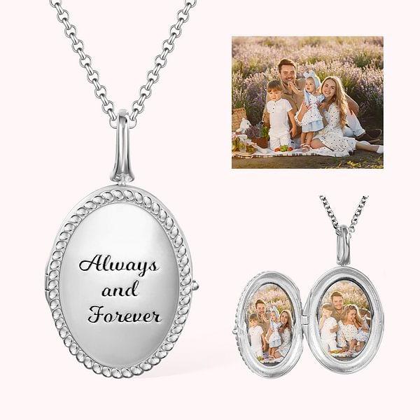 Personalized 2 Photos Oval Locket Necklace with Engraved Text Mother's Day Birthday Jewelry Gift for Women