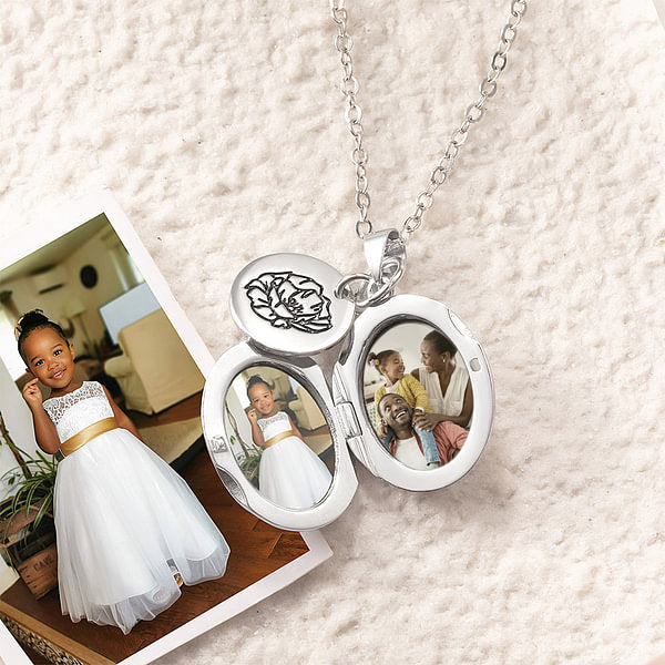 Personalized Photo and Text Oval Locket Necklace with Engraved Birth Flower Disc Charm Mother's Day Birthday Gift for Women Girls