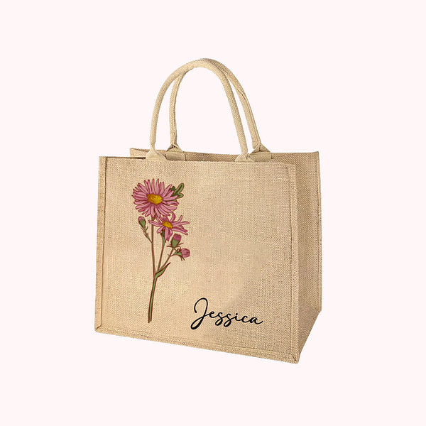 Personalized Birth Flower Beach Jute Tote Bag with Name Birthday Wedding Party Gift for Women