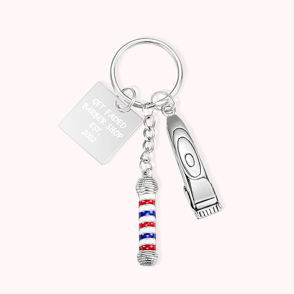 Personalized Barber Shop Pole Lamp Keychain with Hair Clipper Charm Gift for Hairstylist Barber Hairdresser