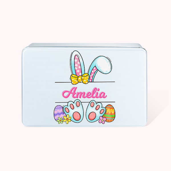 Personalized Cute Bunny Easter Eggs Food Grade Metal Biscuit Tin with Name Easter Gift for Kids