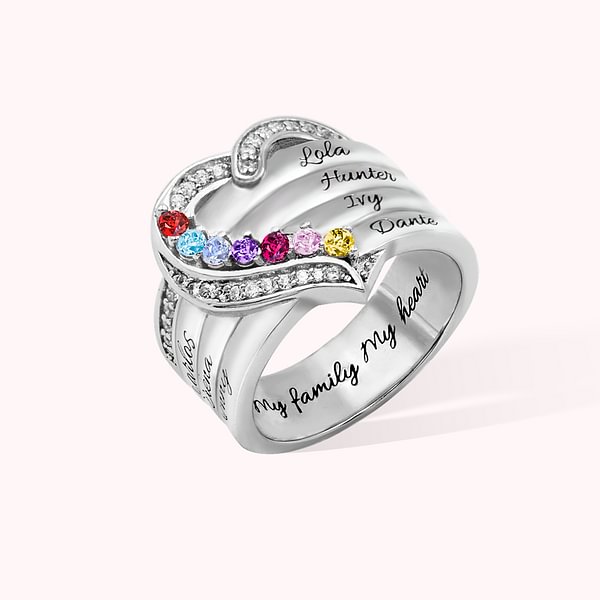 Personalized Heart Design Sterling Silver Ring Engraved 1-8 Birthstones and Names Birthday Mother's Day Gift for Women