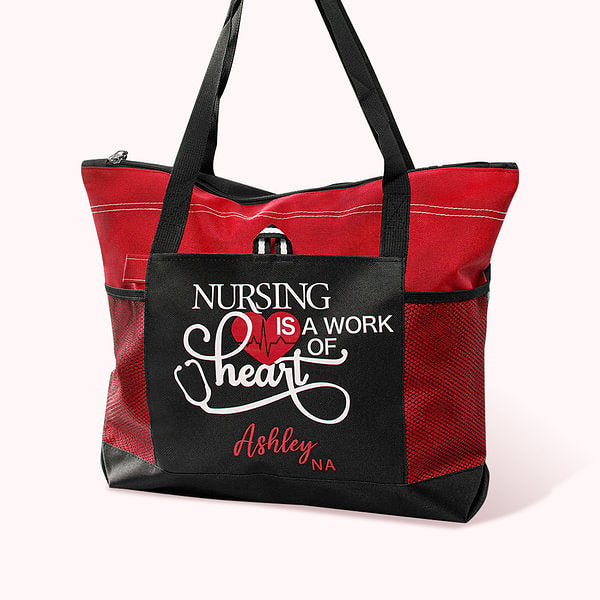 Personalized Nursing Is A Work of Heart Tote Bag Nurse Canvas Zippered Tote Bag Large Capacity Nurse Appreciation Nurse Week Gift Christmas Gift