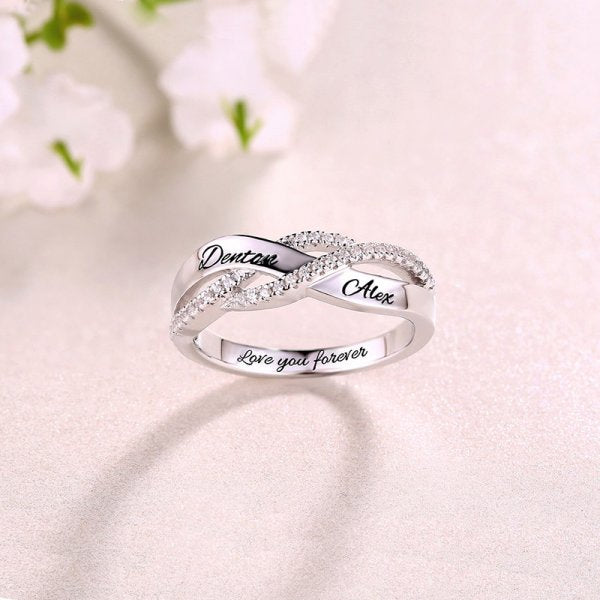 Personalized Twisted Sterling Silver Ring with Engraved Double Name and Text Valentine's Day Anniversary Gift for Couple