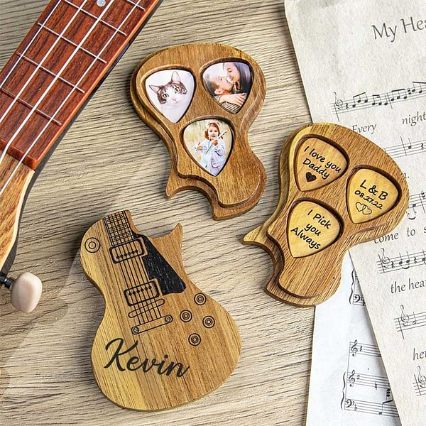 Personalized Wooden Guitar Picks with Storage Case with Text Photo Gift for Guitar Player Musician Birthday Gift Idea