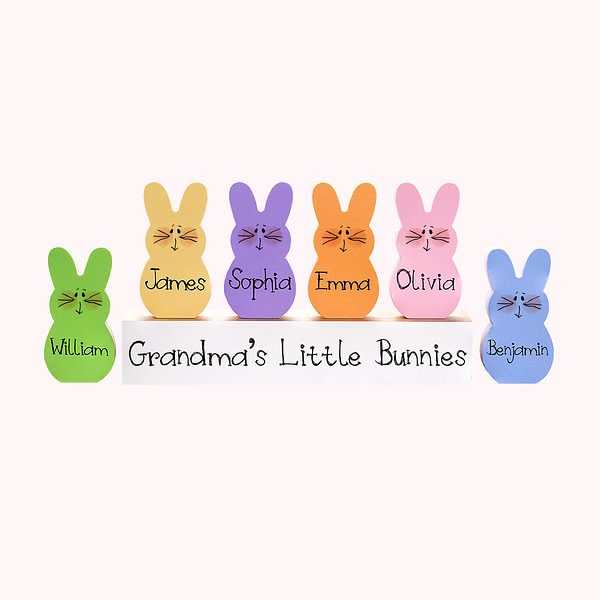 Personalized Easter Bunnies Wooden Block Set with Name Colorful Blushing Bunny Home Decoration Easter Family Gift for Mom Grandma