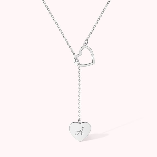 Personalized Dainty Double Heart Lariat Sterling Silver Necklace with Engraved Initial Mother's Day Anniversary Gift for Women