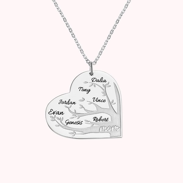 Personalized Heart Family Tree Necklace with Engraved Kid Name Mother's Day Birthday Gift for Grandma Mom