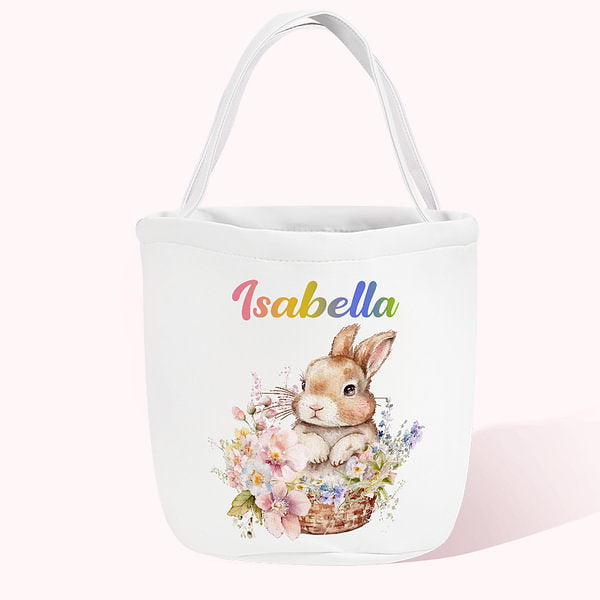 Personalized Cute Bunny Flower Design Large Canvas Candy Bag with Name Easter Gift for Kids