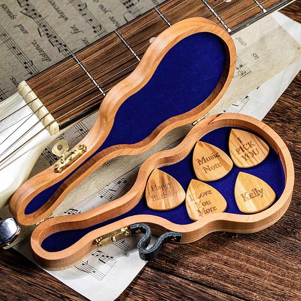 Personalized Engraving Cherry Wood Guitar Pick Storage Case with 1-5 Picks Birthday Gift for Guitar Player Musician