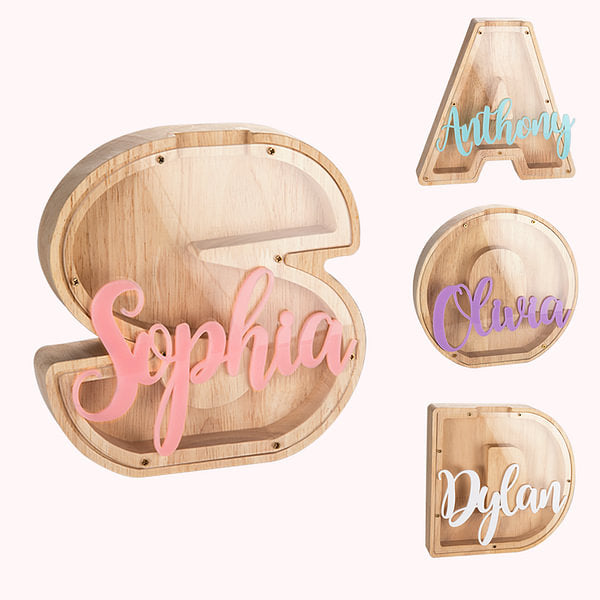 Personalized Wooden Letter Piggy Bank Large Money Coin Bank with Transparent Window and Name Room Decor Christmas Birthday Educational Gift for Kid