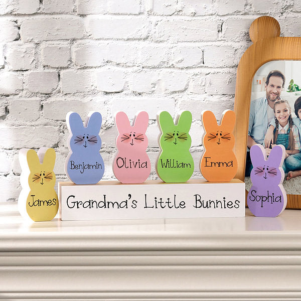 Personalized Easter Bunnies Wooden Block Set with Name Colorful Blushing Bunny Home Decoration Easter Family Gift for Mom Grandma