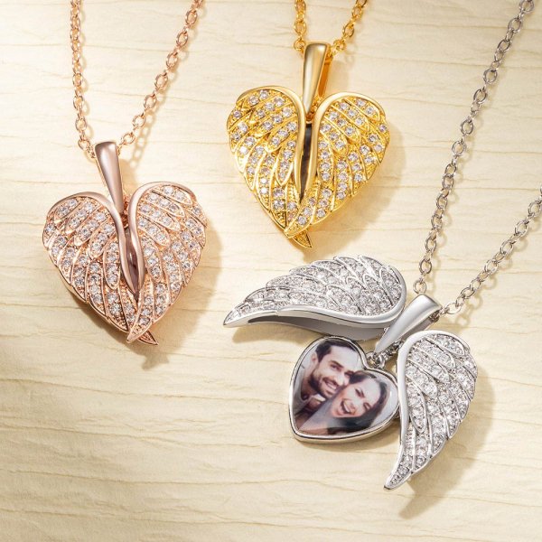 Personalized CZ Heart Shape Angel Wing Photo Locket Necklace Memorial Jewelry for Women Anniversary Valentines Birthday Gift