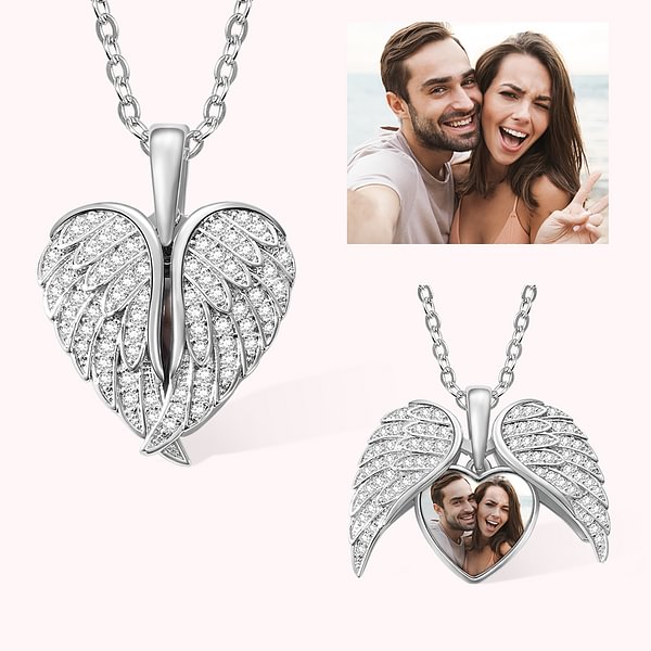 Personalized CZ Heart Shape Angel Wing Photo Locket Necklace Memorial Jewelry for Women Anniversary Valentines Birthday Gift