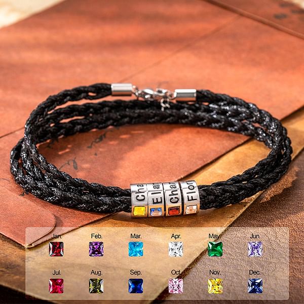 Personalized Men's Braided Leather Birthstone Bracelet with Name