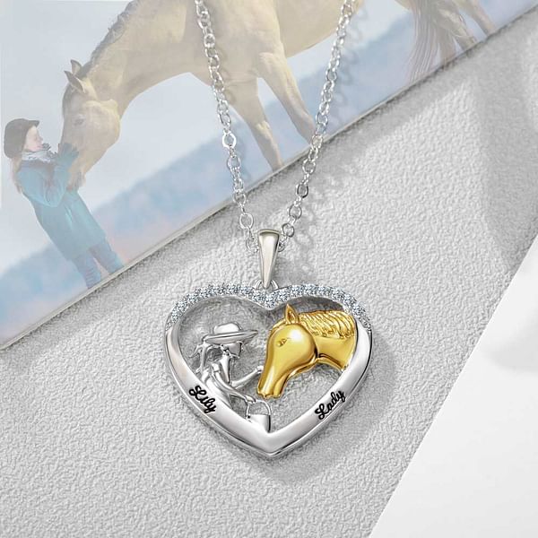 Personalized Girl and Horse Heart Necklace with Engraved Name Birthday Horse Lovers Jewelry for Women Girls