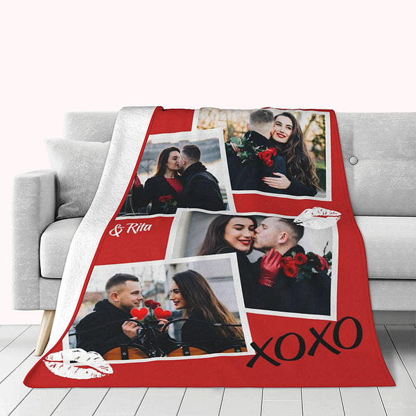 Personalized XOXO Lip Print Photo Collage Sherpa Fleece Blanket with Couple Names Valentine's Day Anniversary Gift for Couple