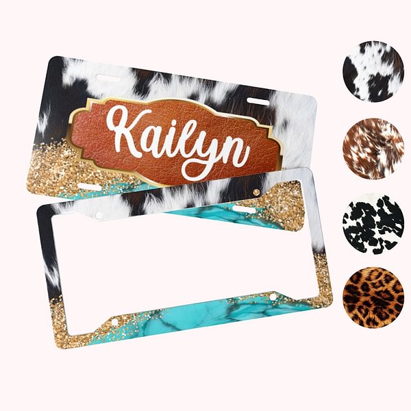 Personalized Aluminum Turquoise and Cow Hide Glitter Decorative License Plate