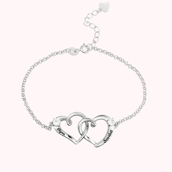2 Names & Birthstones Heart Bracelet for Her Sterling Silver