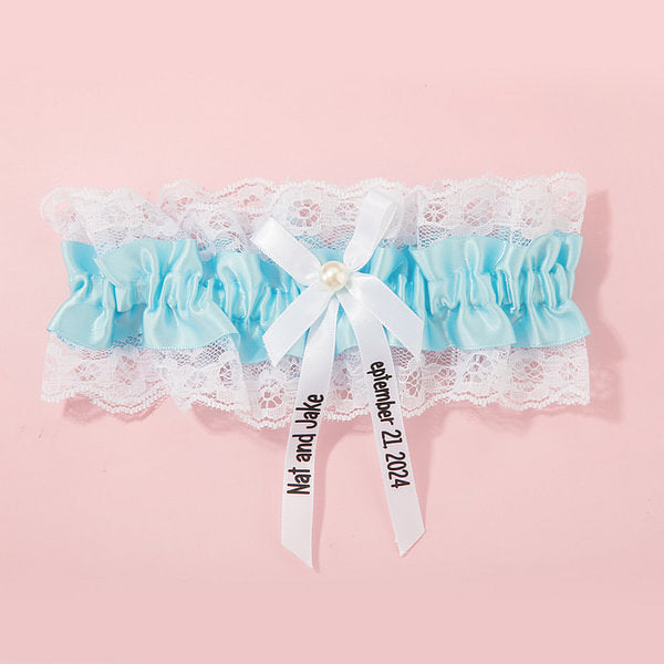 Personalized Something Blue Elasticity Pearl Lace Bowknot Garter with Name and Date Wedding Gift for the Bride