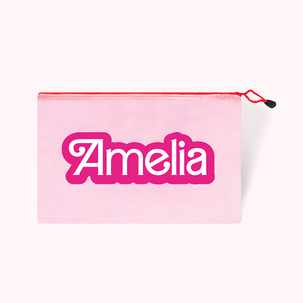 Personalized Pink Curved Font Waterproof Beach Cosmetic Bag Toiletry Bag with Name Bridesmaid Bachelorette Party Wedding Gift for Her