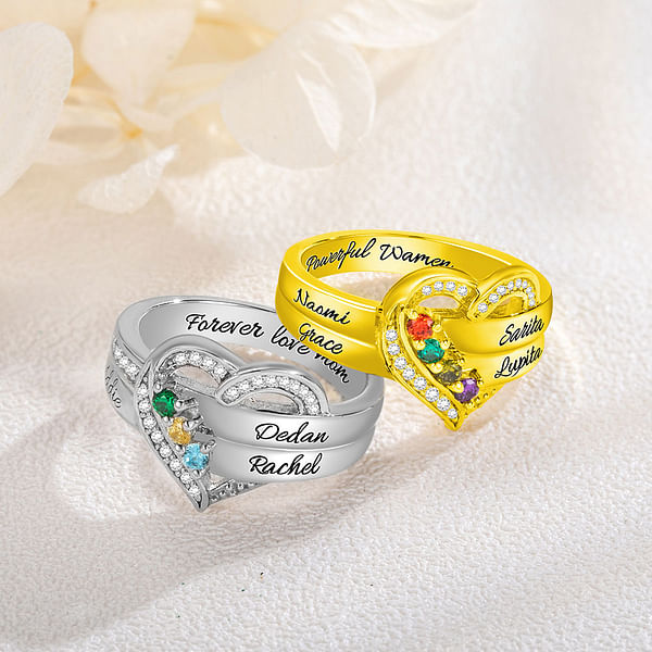 Personalized Heart Design Sterling Silver Ring Engraved 1-8 Birthstones and Names Birthday Mother's Day Gift for Women