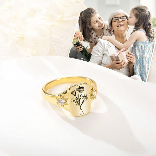Personalized Engraved Family Birth Flower Bouquet Sterling Silver Ring Adorned with Zircon Birthday Mother's Day for Women