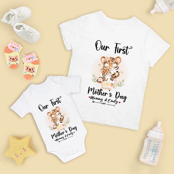 Personalized Cute Tiger Our First Mother's Day 100% Cotton T-shirt Baby Onesie Set with Names Mother's Day Gift for New Mom Baby