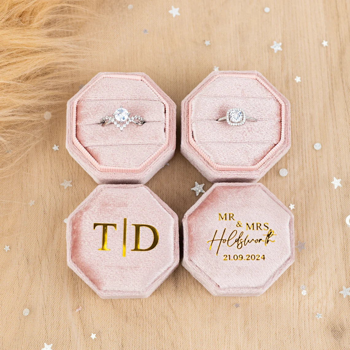 Personalized Triple Slots Wedding Ring Box, Velvet Proposal Ring Box, Ring Box for Her, Anniversary Gift,Engagement Ring Bearer,Wedding Gift