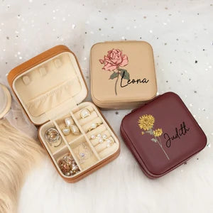 Custom Birth Flower Jewelry Box,Leather Jewelry Travel Box,Jewelly Box for Women,Personalized Birthday Gift for Her,Mother's Day Gift