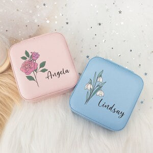 Personalised Birth Flower Jewelry Box for Bridesmaid,Travel Leather Jewelry Case,Birthday Gift for Her Mom Sister Friend,Bridal Shower Gift