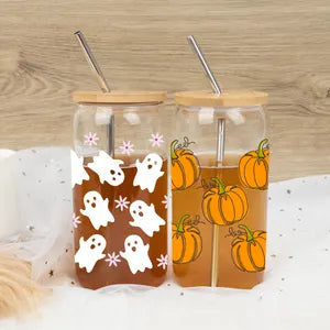 Cute Pumpkin Cup,Halloween Ghost Glass,Halloween Iced Coffee Cup,Spooky Season Coffee Mug,Tumbler with Bamboo Lid and Straw,Halloween Gift